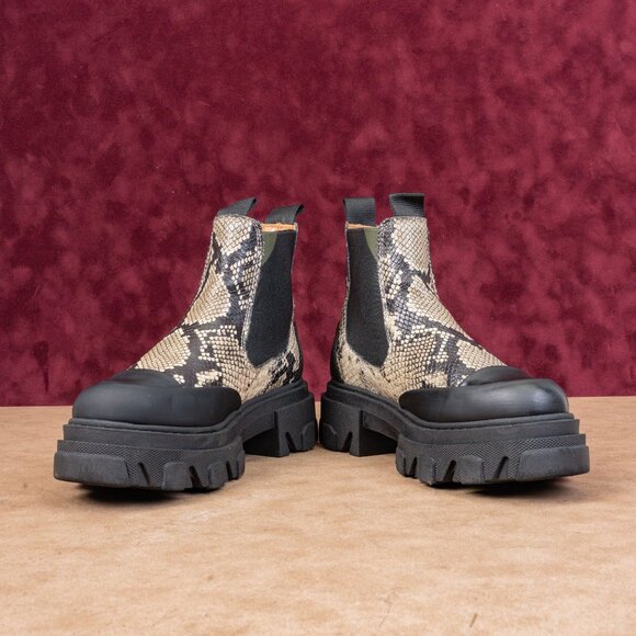 Ganni Women Chelsea Platform Cleated Lug Snake Print Leather Boots Sz 6US EUR37 - Picture 2 of 8